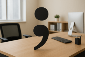 A semicolon on a desk