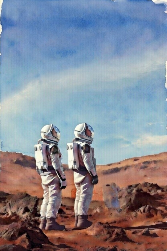 Two people on Mars looking up at the sky thinking of Earth. 